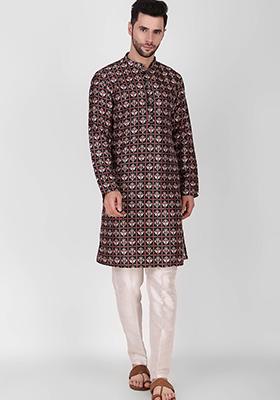 Black Printed Art Silk Kurta Pyjama Set For Men