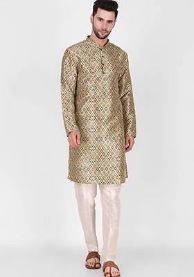 Beige Printed Art Silk Kurta Pyjama Set For Men