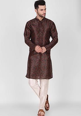 Black Printed Art Silk Kurta Pyjama Set For Men