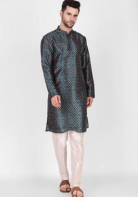 Teal Printed Art Silk Kurta Pyjama Set For Men