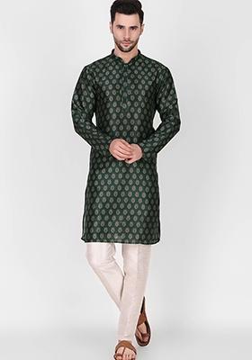 Green Printed Art Silk Kurta Pyjama Set For Men