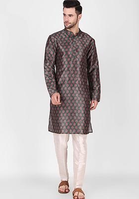 Grey Printed Art Silk Kurta Pyjama Set For Men
