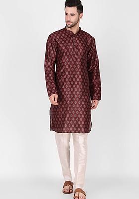 Maroon Printed Art Silk Kurta Pyjama Set For Men