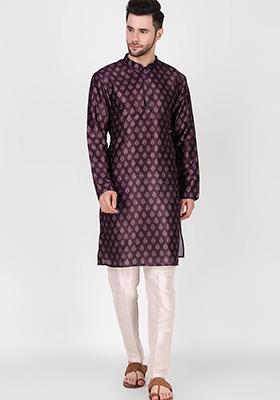 Purple Printed Art Silk Kurta Pyjama Set For Men