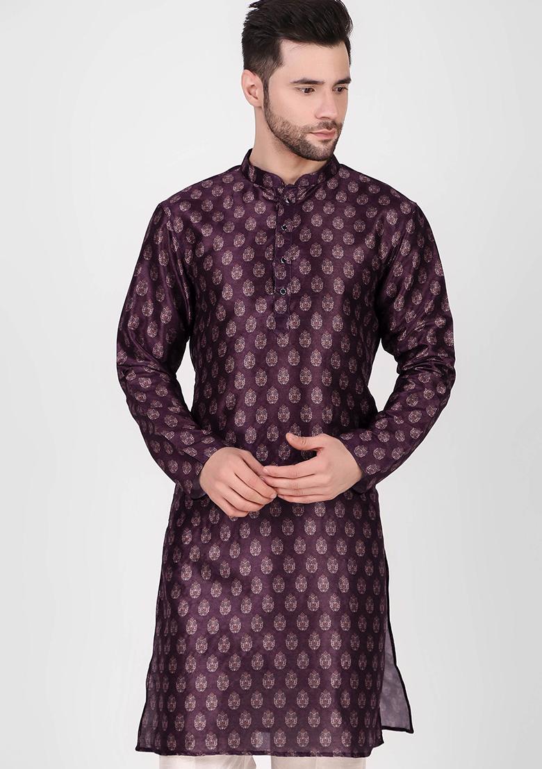 Purple Printed Art Silk Kurta Pyjama Set For Men