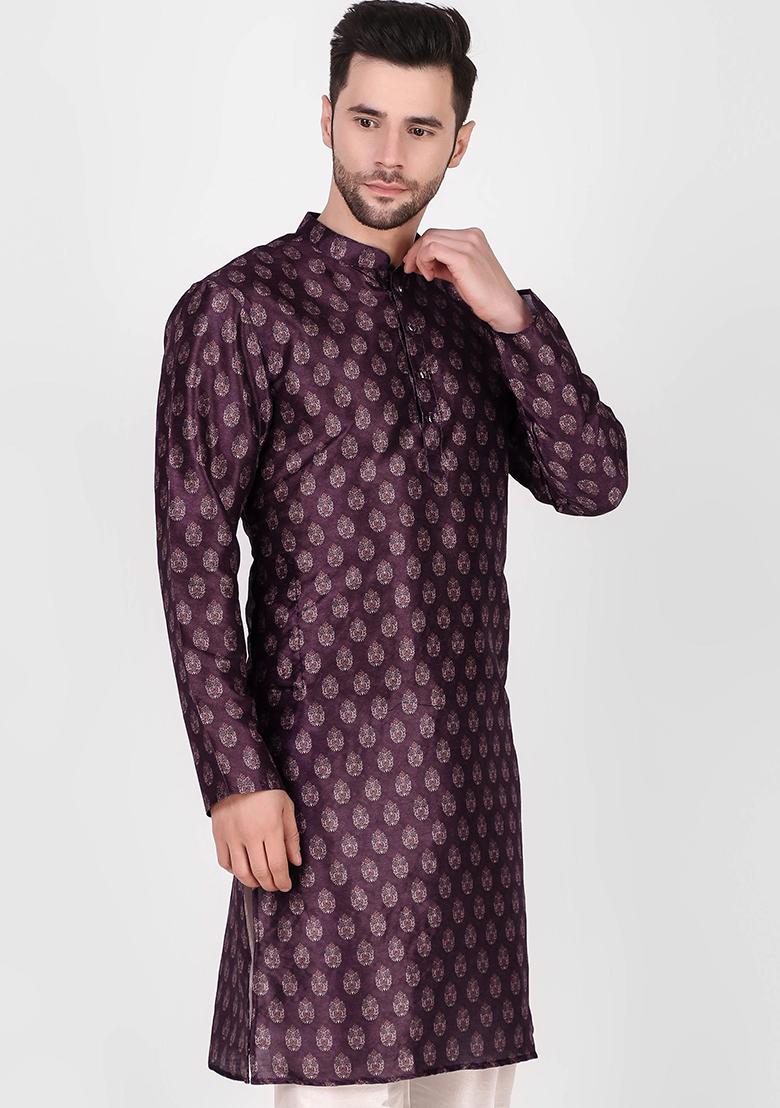 Purple Printed Art Silk Kurta Pyjama Set For Men