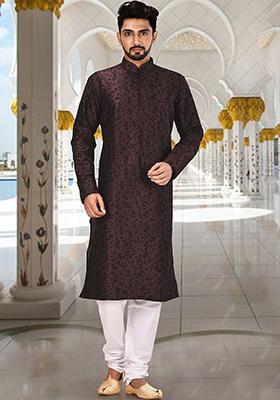 Wine Embroidered Dupion Silk Kurta Pyjama Set For Men