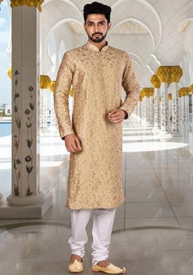 Golden Embroidered Dupion Silk Kurta Pyjama Set For Men