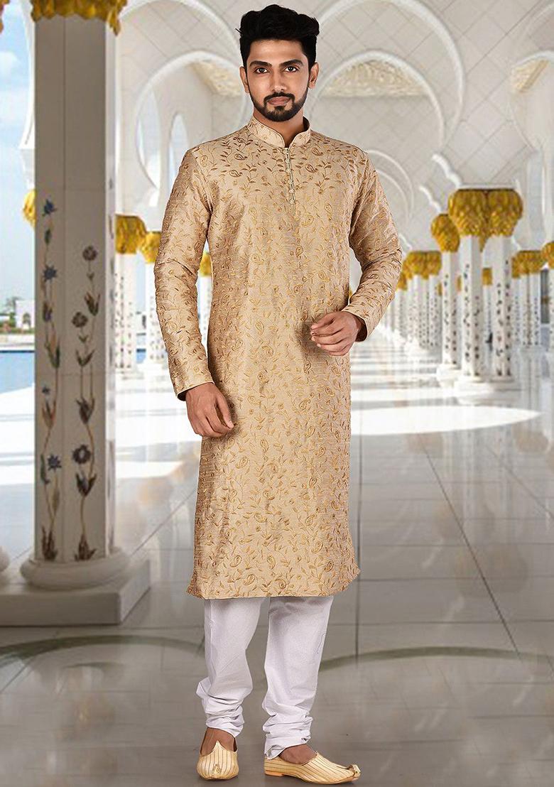 Golden Embroidered Dupion Silk Kurta Pyjama Set For Men