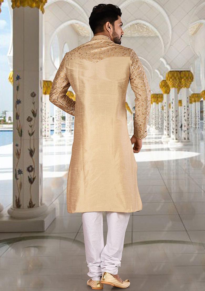 Golden Embroidered Dupion Silk Kurta Pyjama Set For Men