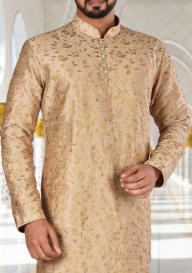 Golden Embroidered Dupion Silk Kurta Pyjama Set For Men