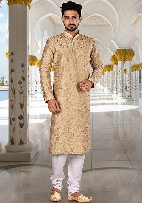 Golden Embroidered Dupion Silk Kurta Pyjama Set For Men