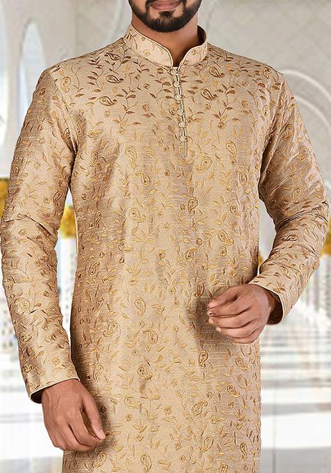 Golden Embroidered Dupion Silk Kurta Pyjama Set For Men