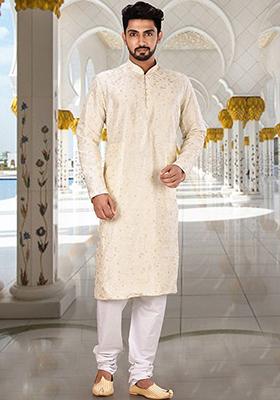 Off White Embroidered Dupion Silk Kurta Pyjama Set For Men
