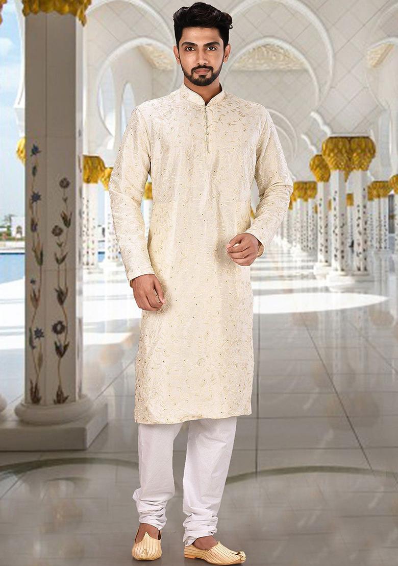 Off White Embroidered Dupion Silk Kurta Pyjama Set For Men