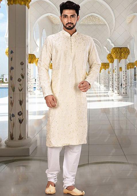 Off White Embroidered Dupion Silk Kurta Pyjama Set For Men