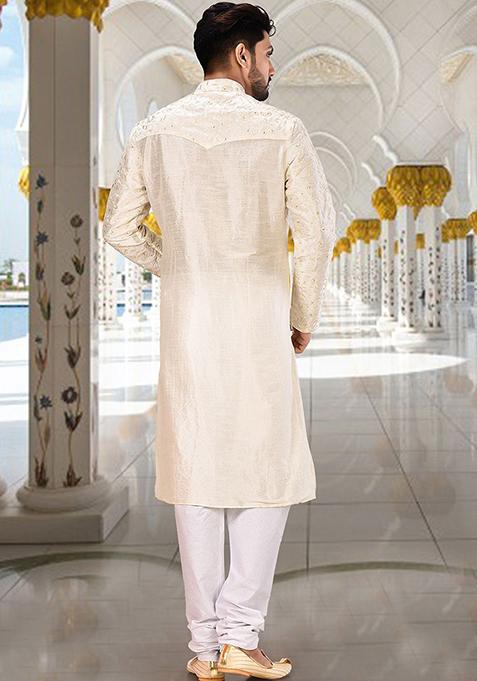 Off White Embroidered Dupion Silk Kurta Pyjama Set For Men