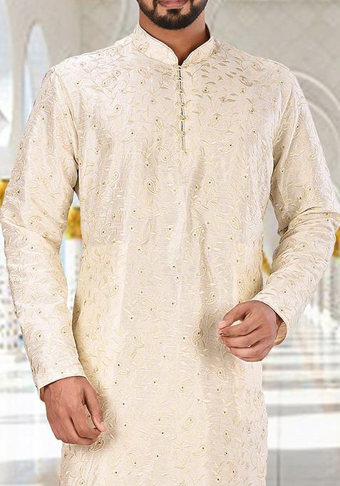 Off White Embroidered Dupion Silk Kurta Pyjama Set For Men