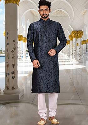 Blue Embroidered Dupion Silk Kurta Pyjama Set For Men
