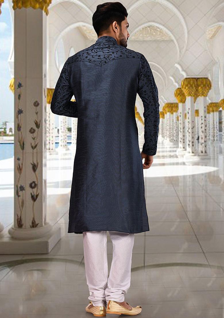 Blue Embroidered Dupion Silk Kurta Pyjama Set For Men