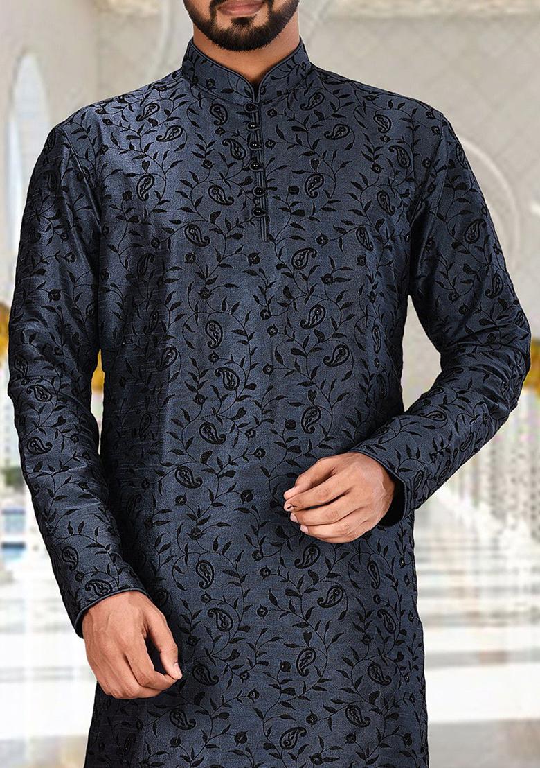 Blue Embroidered Dupion Silk Kurta Pyjama Set For Men