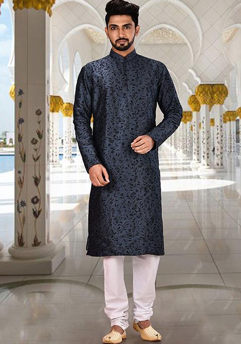 Blue Embroidered Dupion Silk Kurta Pyjama Set For Men