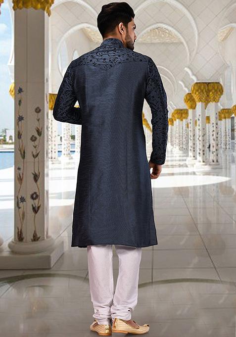 Blue Embroidered Dupion Silk Kurta Pyjama Set For Men