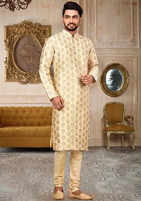 Fawn Embroidered Dupion Silk Kurta Pyjama Set For Men