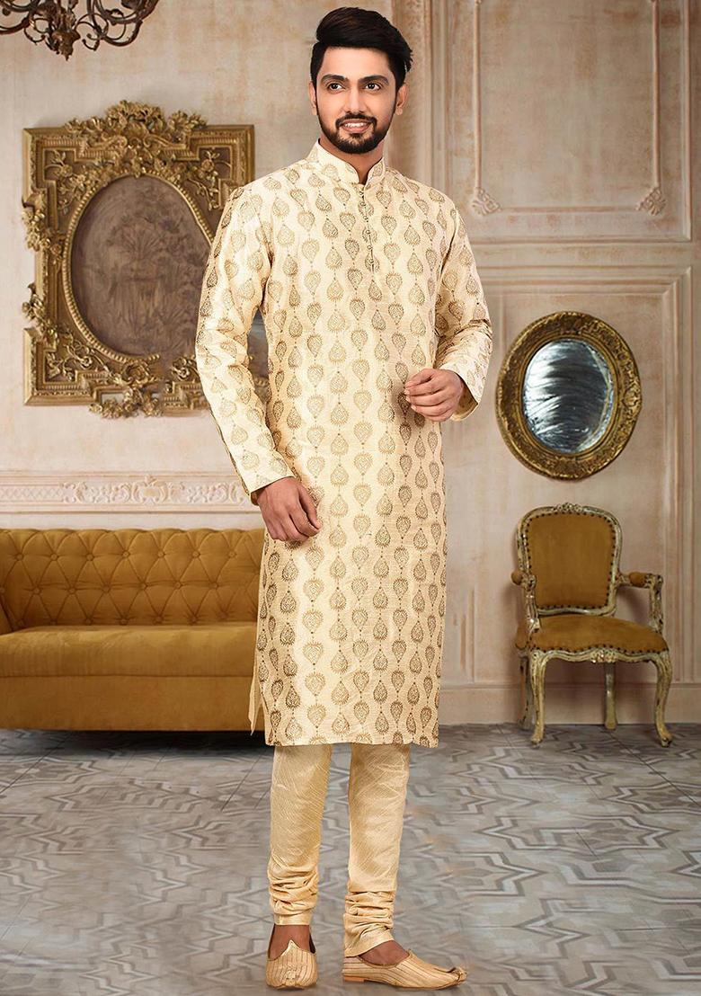 Fawn Embroidered Dupion Silk Kurta Pyjama Set For Men