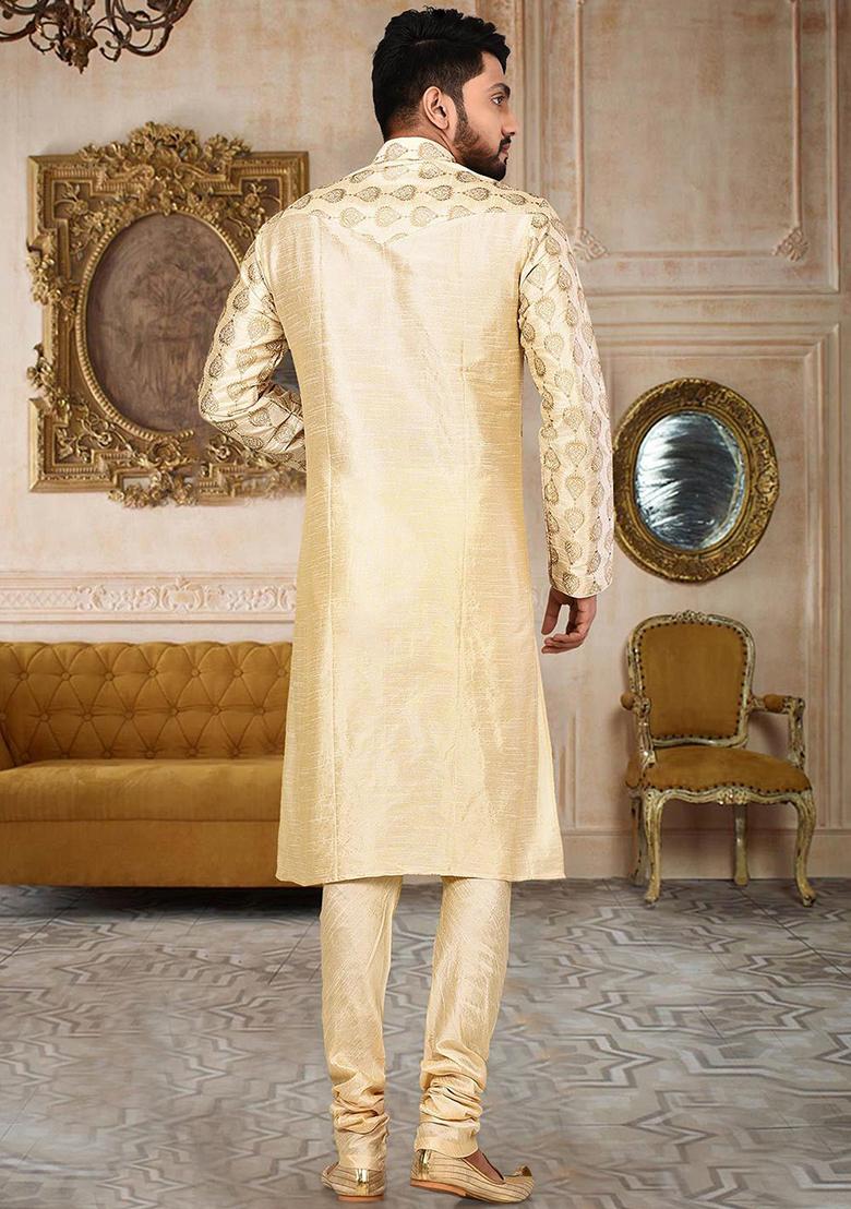 Fawn Embroidered Dupion Silk Kurta Pyjama Set For Men