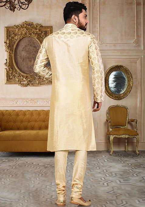 Fawn Embroidered Dupion Silk Kurta Pyjama Set For Men