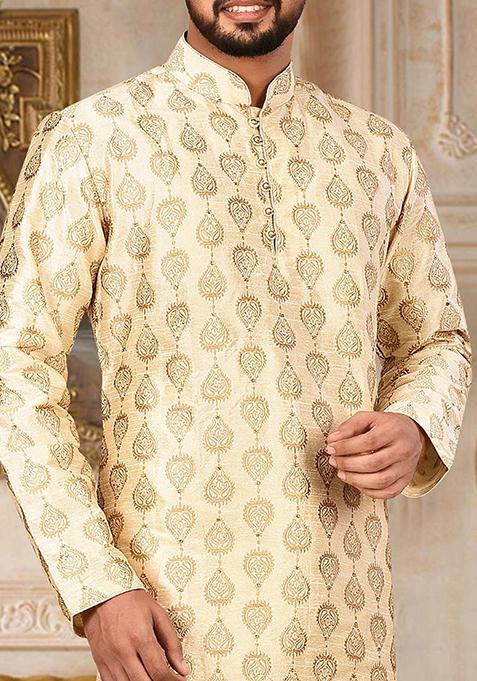 Fawn Embroidered Dupion Silk Kurta Pyjama Set For Men