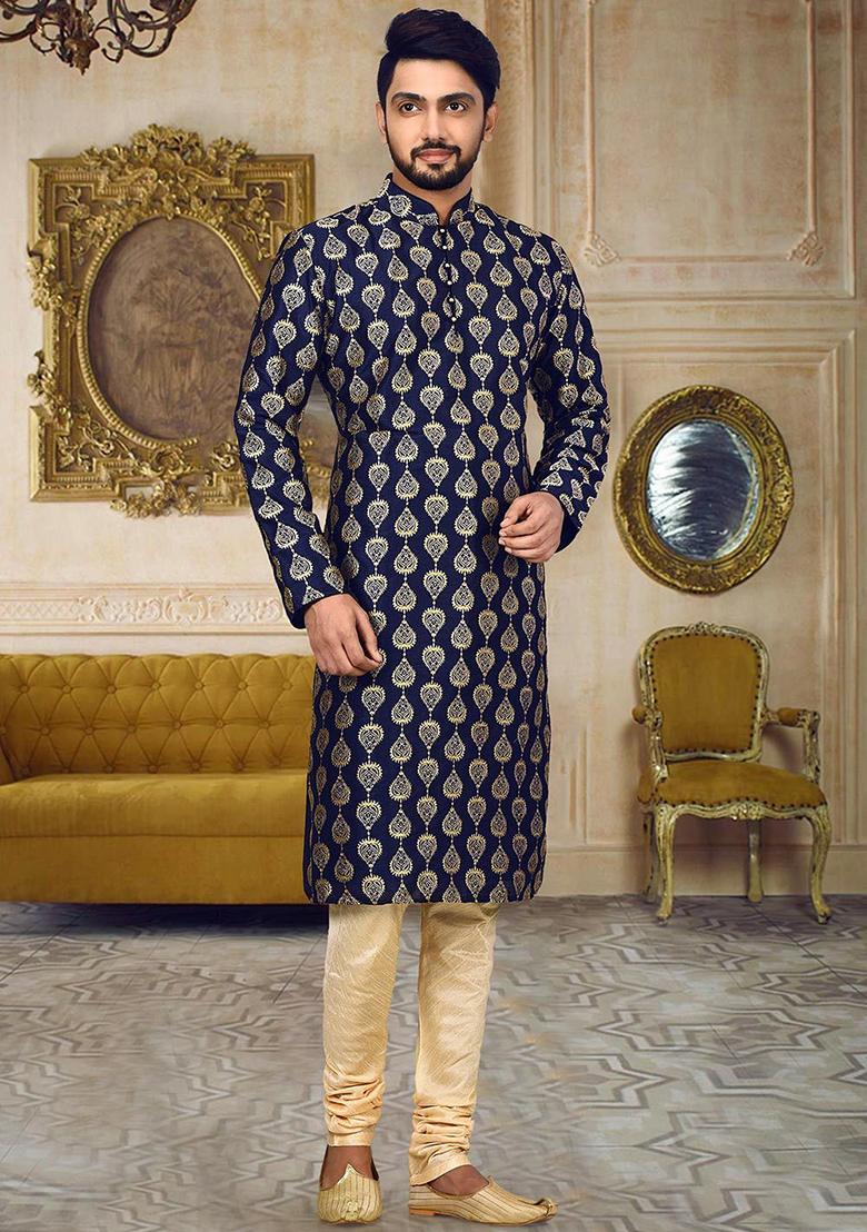 Blue Embroidered Dupion Silk Kurta Pyjama Set For Men