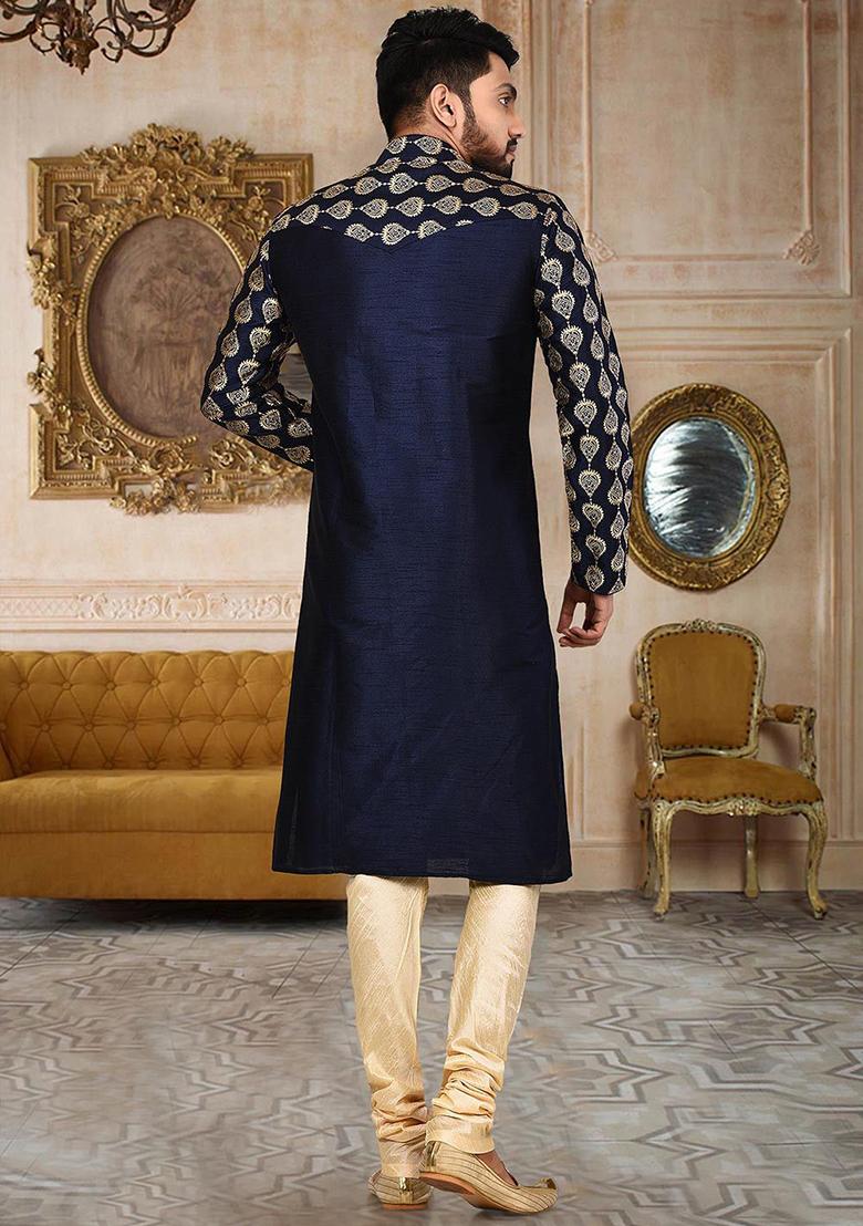 Blue Embroidered Dupion Silk Kurta Pyjama Set For Men