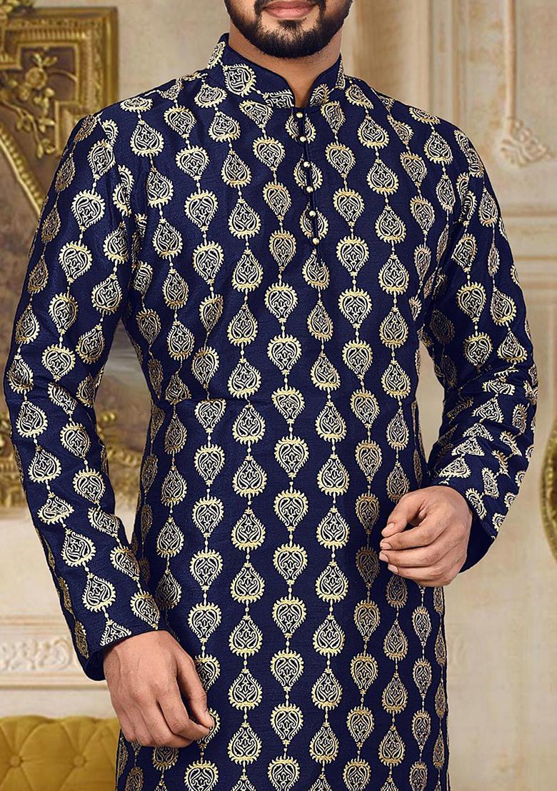 Blue Embroidered Dupion Silk Kurta Pyjama Set For Men
