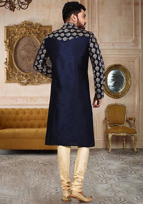 Blue Embroidered Dupion Silk Kurta Pyjama Set For Men