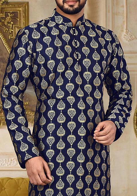 Blue Embroidered Dupion Silk Kurta Pyjama Set For Men