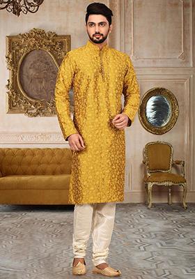 Mustard Embroidered Dupion Silk Kurta Pyjama Set For Men