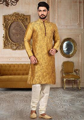Brown Embroidered Dupion Silk Kurta Pyjama Set For Men