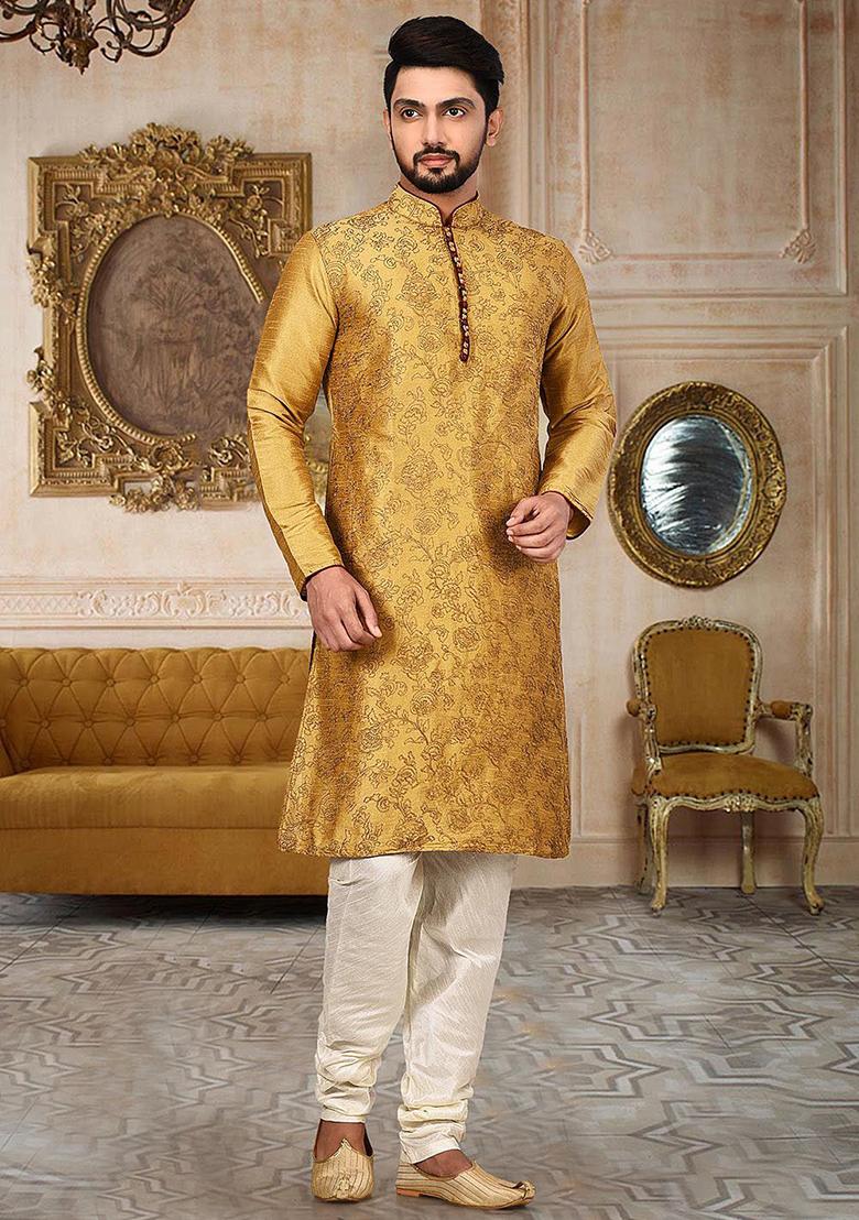 Brown Embroidered Dupion Silk Kurta Pyjama Set For Men