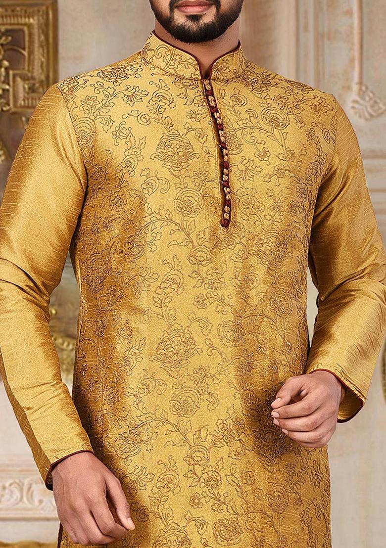Brown Embroidered Dupion Silk Kurta Pyjama Set For Men