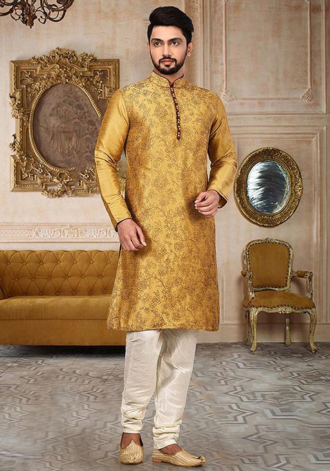Brown Embroidered Dupion Silk Kurta Pyjama Set For Men