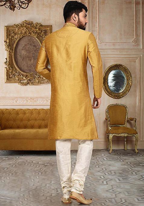 Brown Embroidered Dupion Silk Kurta Pyjama Set For Men