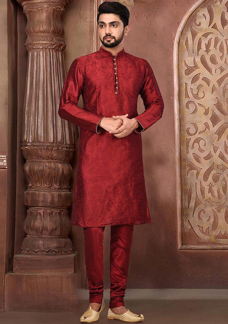 Maroon Embroidered Dupion Silk Kurta Pyjama Set For Men