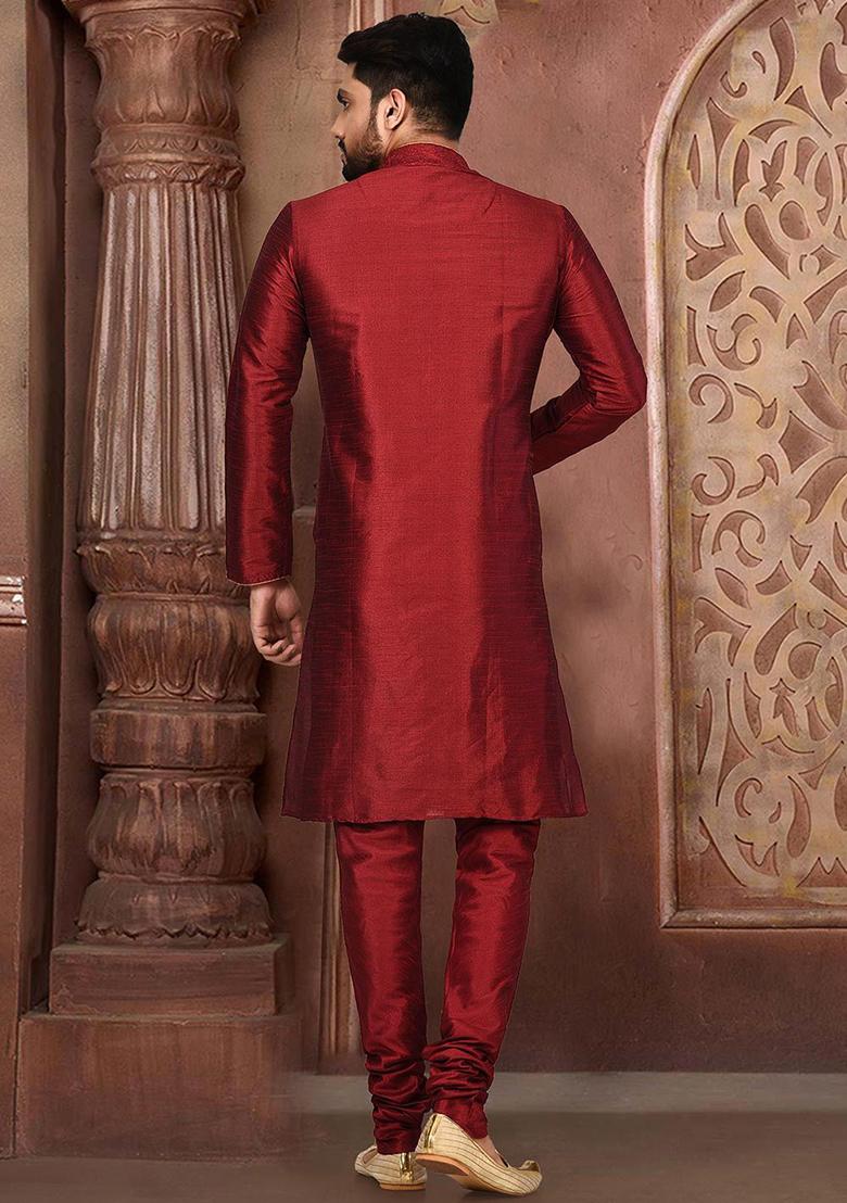 Maroon Embroidered Dupion Silk Kurta Pyjama Set For Men