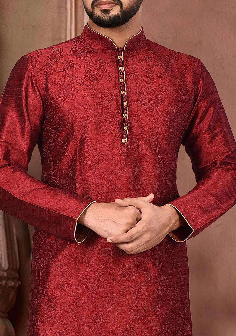 Maroon Embroidered Dupion Silk Kurta Pyjama Set For Men