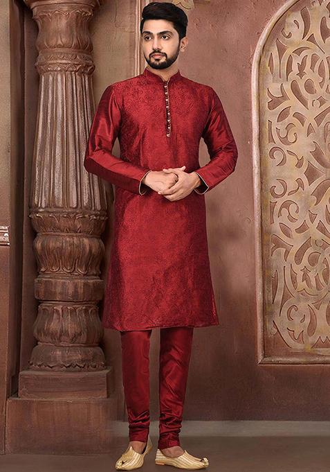Maroon Embroidered Dupion Silk Kurta Pyjama Set For Men