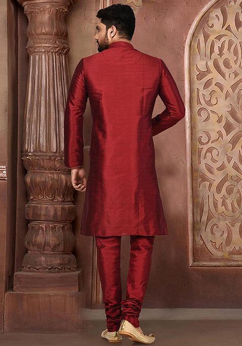 Maroon Embroidered Dupion Silk Kurta Pyjama Set For Men