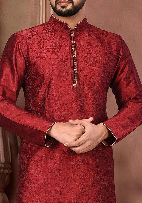 Maroon Embroidered Dupion Silk Kurta Pyjama Set For Men