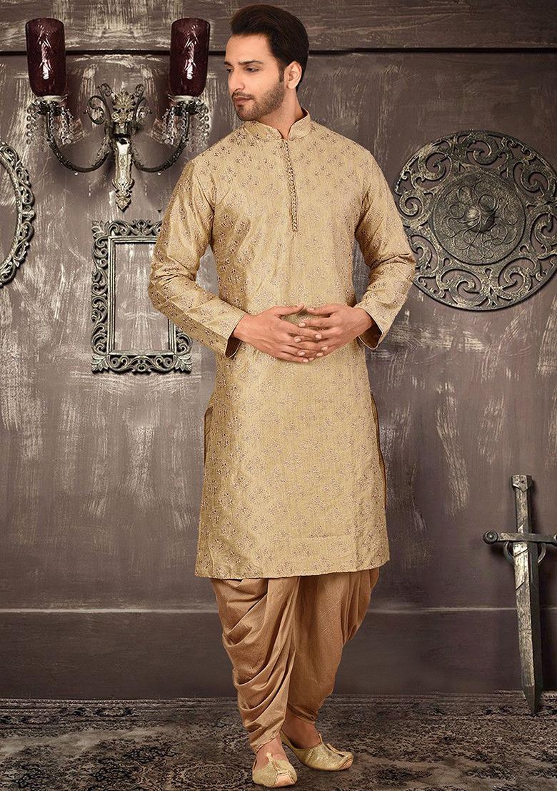 Beige Embroidered Dupion Silk Kurta Pyjama Set For Men